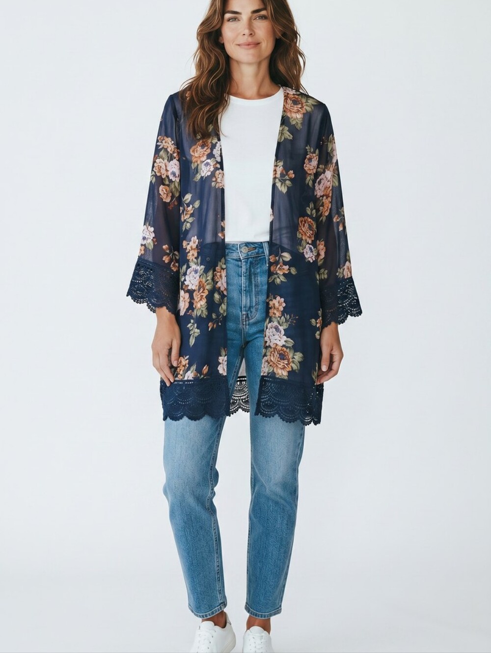Rewind Navy Floral Open-Front Cardigan with Pink & Peach Accents